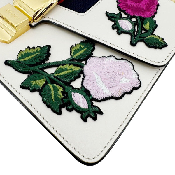 GUCCI Sylvie Small Floral Embroidery Leather Shoulder Bag Off White 421882