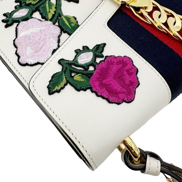 GUCCI Sylvie Small Floral Embroidery Leather Shoulder Bag Off White 421882