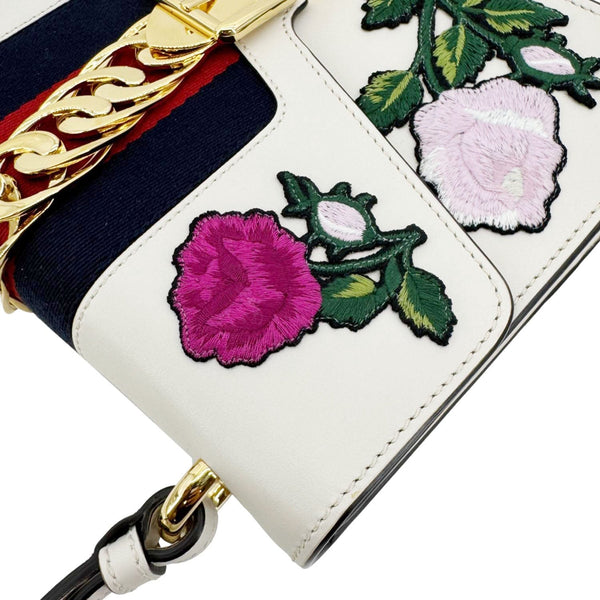 GUCCI Sylvie Small Floral Embroidery Leather Shoulder Bag Off White 421882