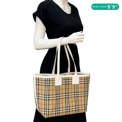 BURBERRY London Medium Vintage Check Canvas Tote Bag White