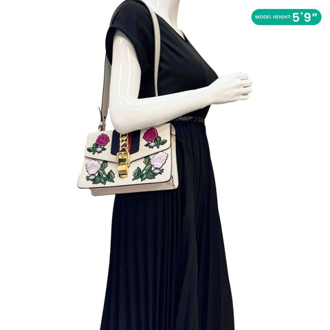 GUCCI Sylvie Small Floral Embroidery Leather Shoulder Bag Off White 421882