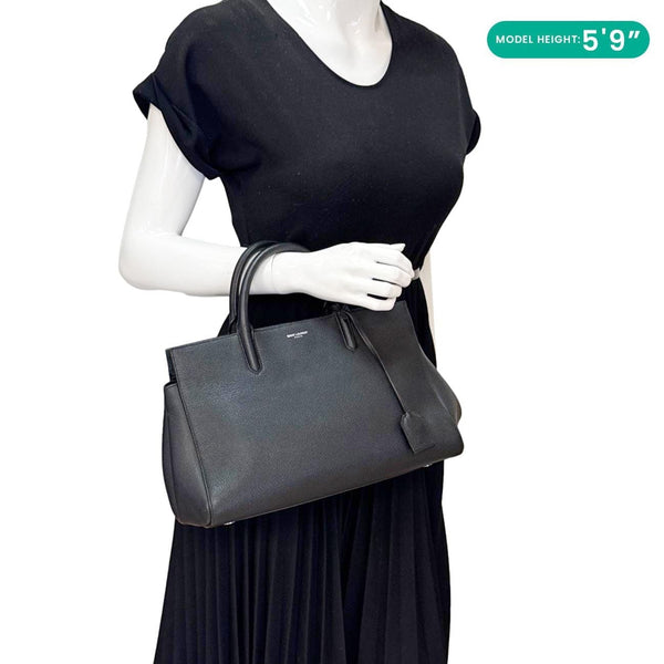 YVES SAINT LAURENT Cabas Rive Gauche Small Pebbled Leather Satchel Bag Black