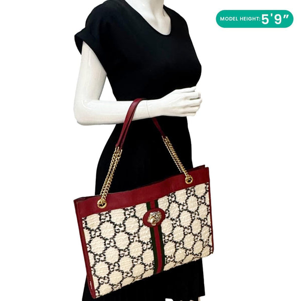 GUCCI Rajah Large GG Tweed Chain Tote Bag White 537219