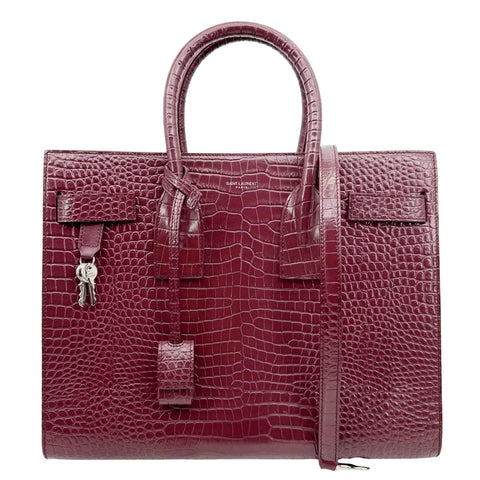 YVES SAINT LAURENT Sac de Jour Crocodile Embossed Leather Satchel Bag Burgundy