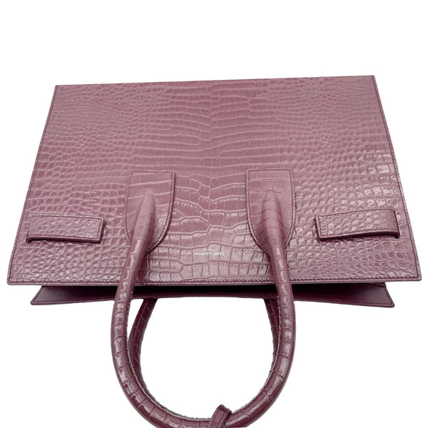 YVES SAINT LAURENT Sac de Jour Crocodile Embossed Leather Satchel Bag Burgundy