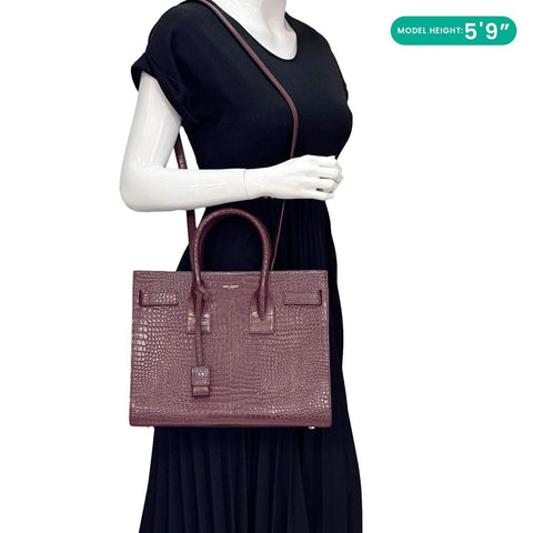 YVES SAINT LAURENT Sac de Jour Crocodile Embossed Leather Satchel Bag Burgundy