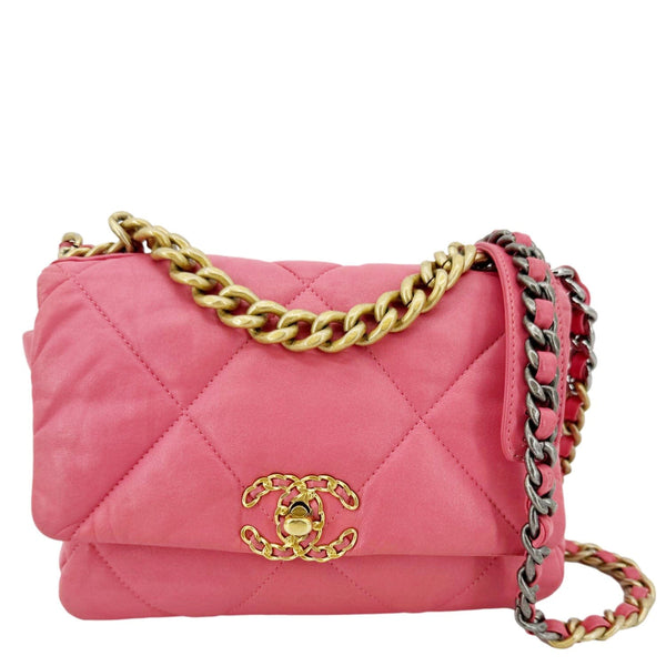 CHANEL 19 Flap Large Quilted Lambskin Leather Shoulder Bag Pink
