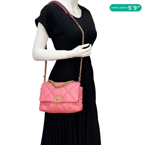 CHANEL 19 Flap Large Quilted Lambskin Leather Shoulder Bag Pink