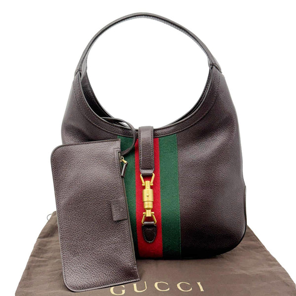 GUCCI Jackie Medium Web Soft Grain Leather Hobo Bag Brown 365458