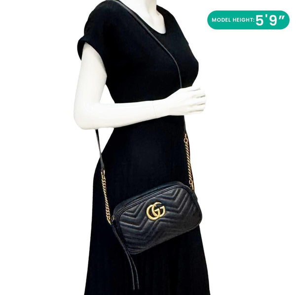 GUCCI GG Marmont Small Matelasse Chevron Leather Camera Bag Black 447632