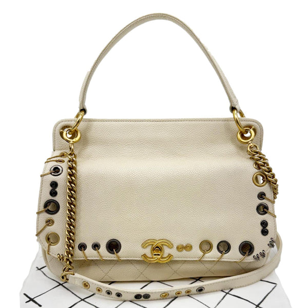 CHANEL Grommet Embellished Chic Flap Quilted Caviar Leather Crossbody Bag Ivory