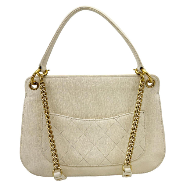CHANEL Grommet Embellished Chic Flap Quilted Caviar Leather Crossbody Bag Ivory