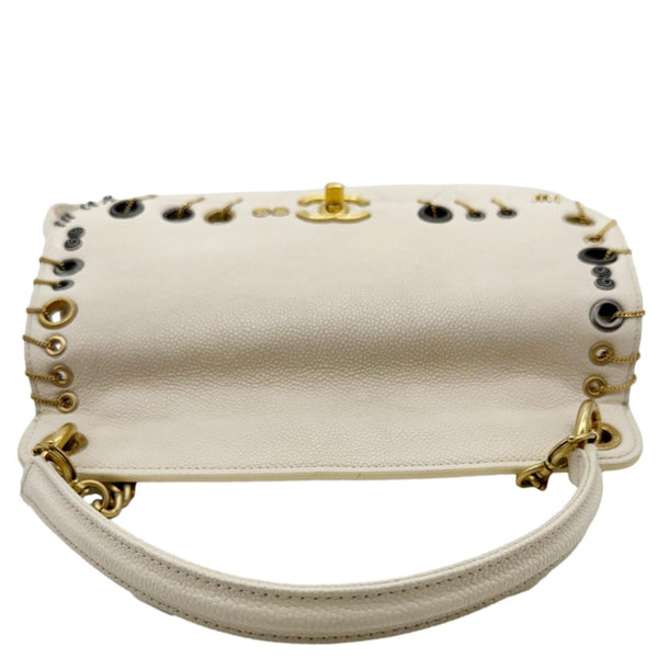 CHANEL Grommet Embellished Chic Flap Quilted Caviar Leather Crossbody Bag Ivory