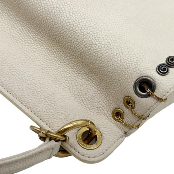 CHANEL Grommet Embellished Chic Flap Quilted Caviar Leather Crossbody Bag Ivory