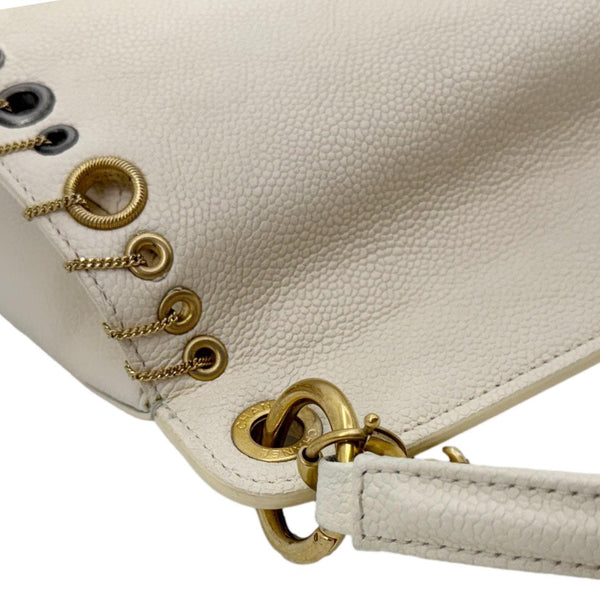 CHANEL Grommet Embellished Chic Flap Quilted Caviar Leather Crossbody Bag Ivory