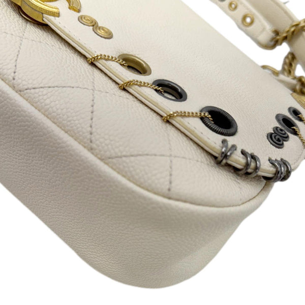 CHANEL Grommet Embellished Chic Flap Quilted Caviar Leather Crossbody Bag Ivory