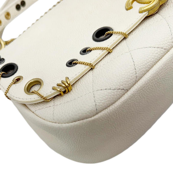 CHANEL Grommet Embellished Chic Flap Quilted Caviar Leather Crossbody Bag Ivory