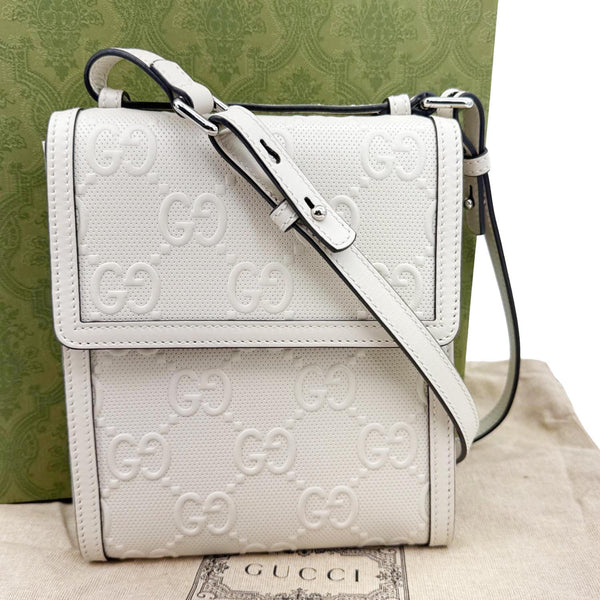 GUCCI GG Tennis Embossed Leather Messenger Bag White 625782