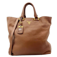 PRADA Vitello Daino Leather Tote Shoulder Bag Brown