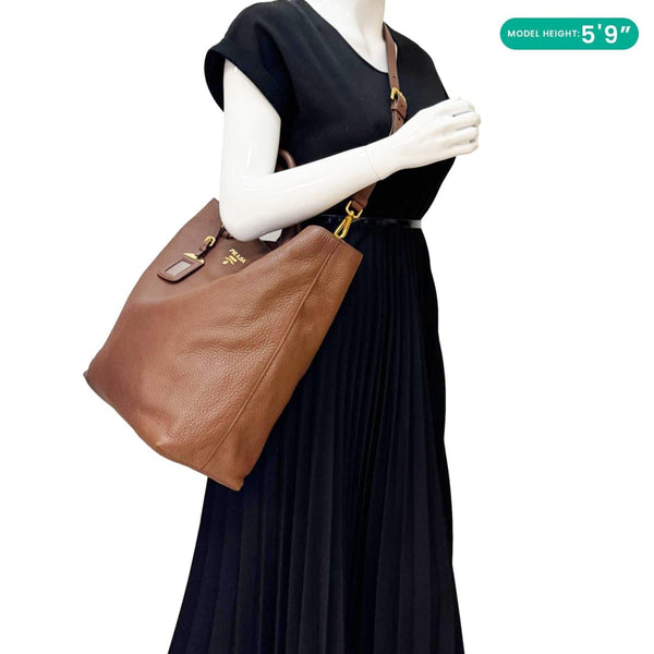 PRADA Vitello Daino Leather Tote Shoulder Bag Brown