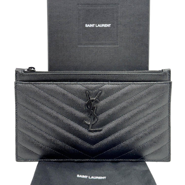 YVES SAINT LAURENT Monogram Bill Grain De Poudre Chevron Leather Zip Pouch Black