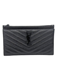 YVES SAINT LAURENT Monogram Bill Grain De Poudre Chevron Leather Zip Pouch Black