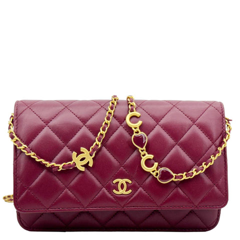 CHANEL Coco Hearts Quilted Leather Wallet On Chain WOC Burgundy