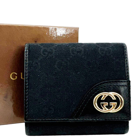 GUCCI Bifold Vintage GG Canvas Wallet Black 184597