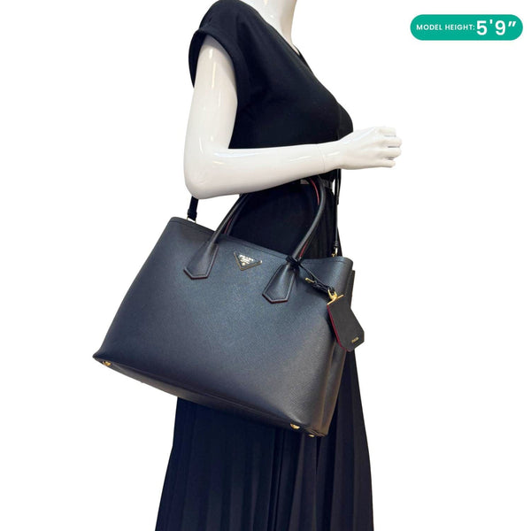 PRADA Double Handle Medium Saffiano Leather Shoulder Bag Black