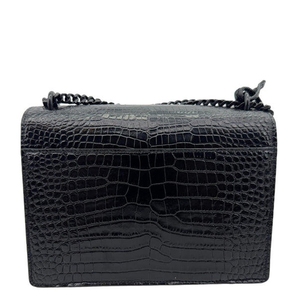 YVES SAINT LAURENT Monogram Sunset Medium Crocodile Embossed Leather Shoulder Bag Black