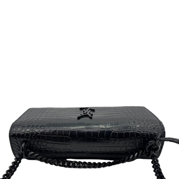 YVES SAINT LAURENT Monogram Sunset Medium Crocodile Embossed Leather Shoulder Bag Black