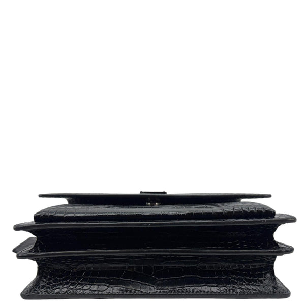 YVES SAINT LAURENT Monogram Sunset Medium Crocodile Embossed Leather Shoulder Bag Black
