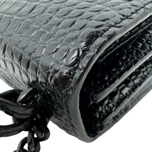 YVES SAINT LAURENT Monogram Sunset Medium Crocodile Embossed Leather Shoulder Bag Black