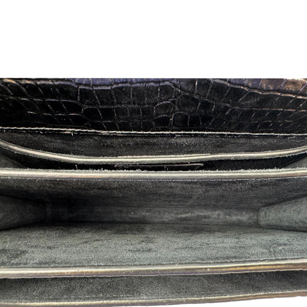 YVES SAINT LAURENT Monogram Sunset Medium Crocodile Embossed Leather Shoulder Bag Black