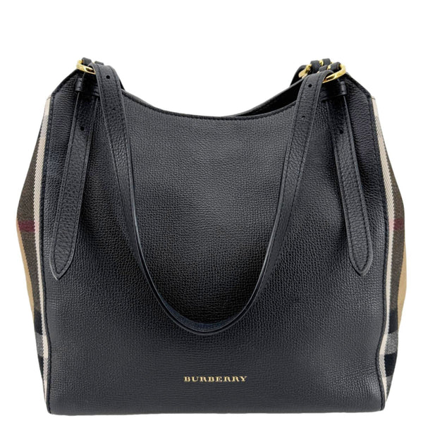 BURBERRY Canterbury Small House Check Derby Leather Tote Bag Black