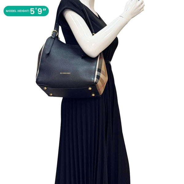 BURBERRY Canterbury Small House Check Derby Leather Tote Bag Black