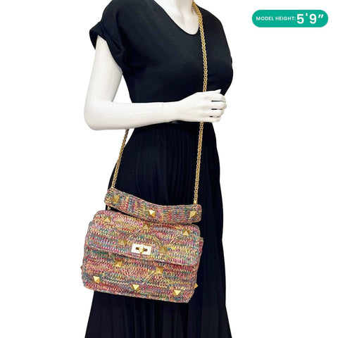 VALENTINO Roman Stud Woven Wool Crossbody Bag Feminine Pink