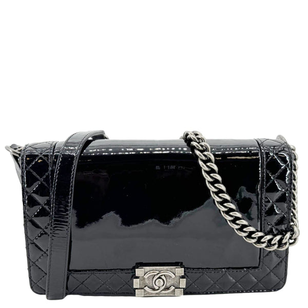 CHANEL Boy Reverso Flap Medium Patent Leather Crossbody Bag Black