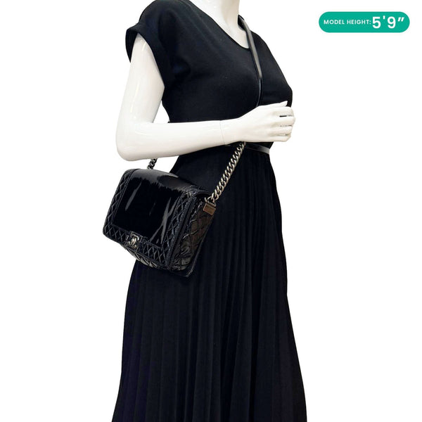 CHANEL Boy Reverso Flap Medium Patent Leather Crossbody Bag Black