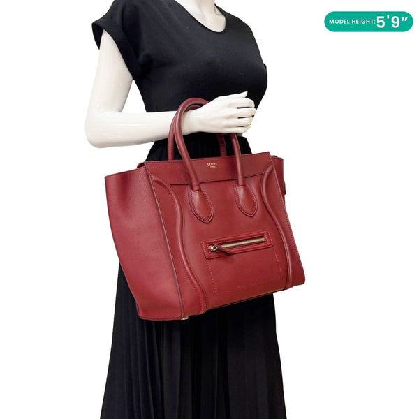 CELINE Luggage Leather Satchel Bag Burgundy