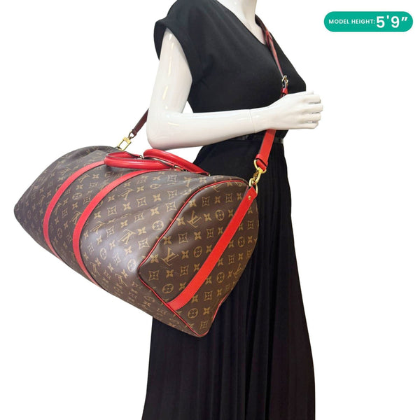 LOUIS VUITTON Keepall 50 Bandoulière Monogram Canvas Travel Bag Coquelicot