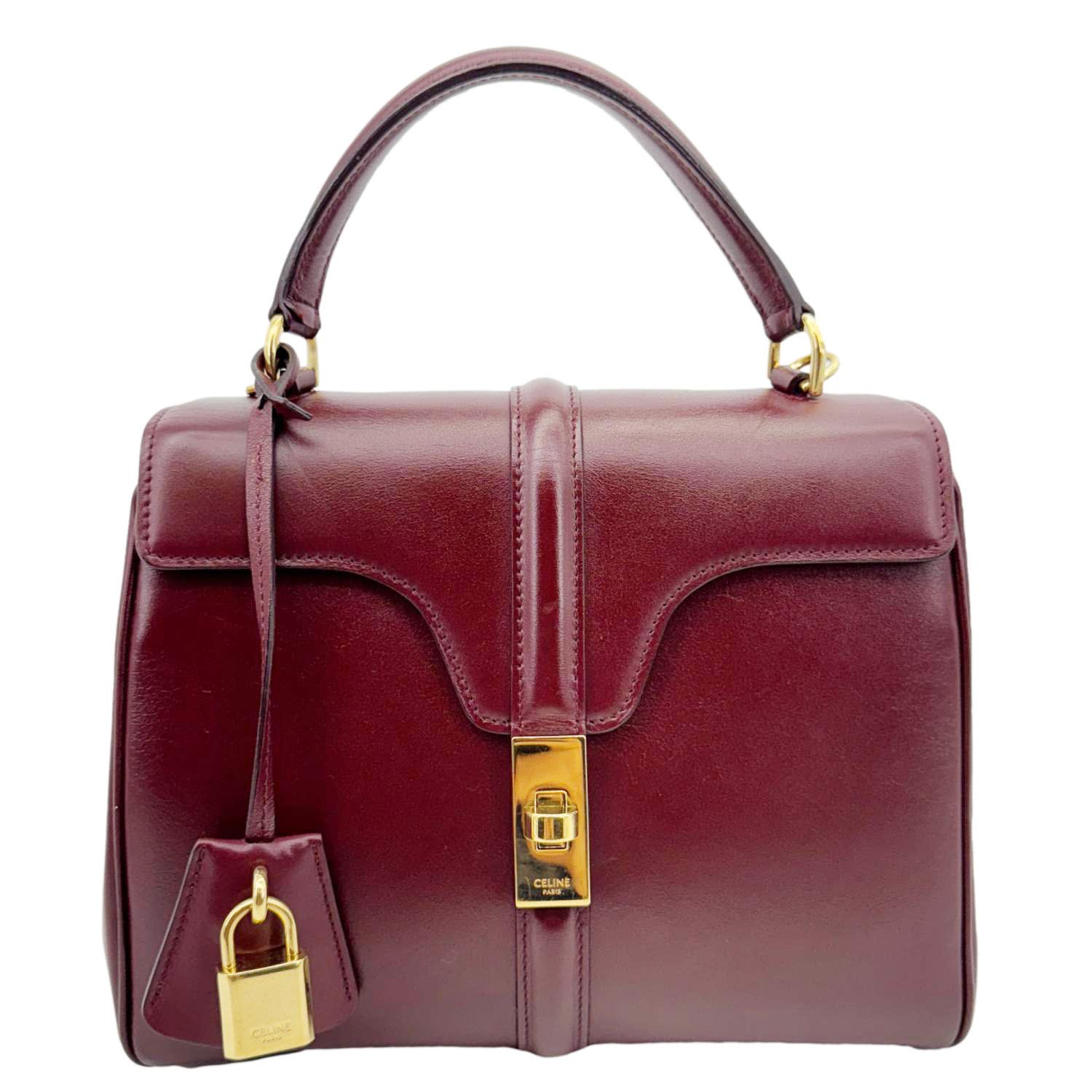 CELINE 16 Small Satinated Leather Top Handle Shoulder Bag Burgundy