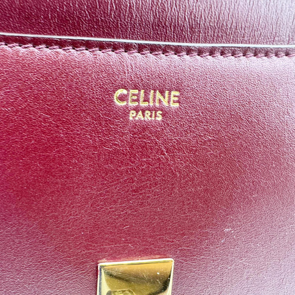 CELINE 16 Small Satinated Leather Top Handle Shoulder Bag Burgundy