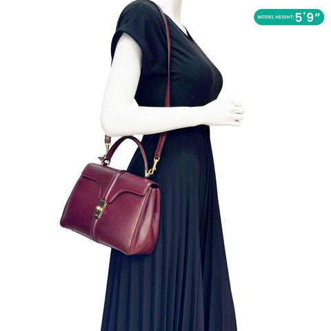 CELINE 16 Small Satinated Leather Top Handle Shoulder Bag Burgundy