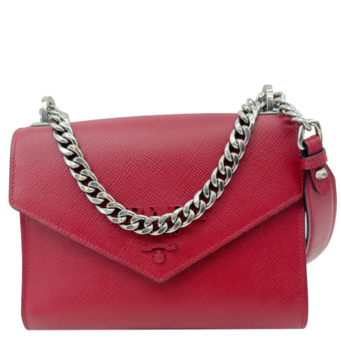 PRADA Monochrome Small Calfskin Saffiano Leather Chain Shoulder Bag Red