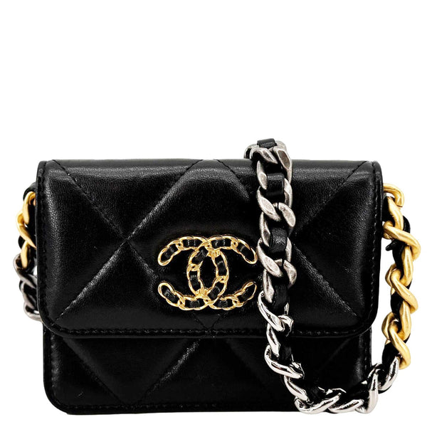 CHANEL 19 Flap Coin Purse Quilted Leather Chain Shoulder Bag Black