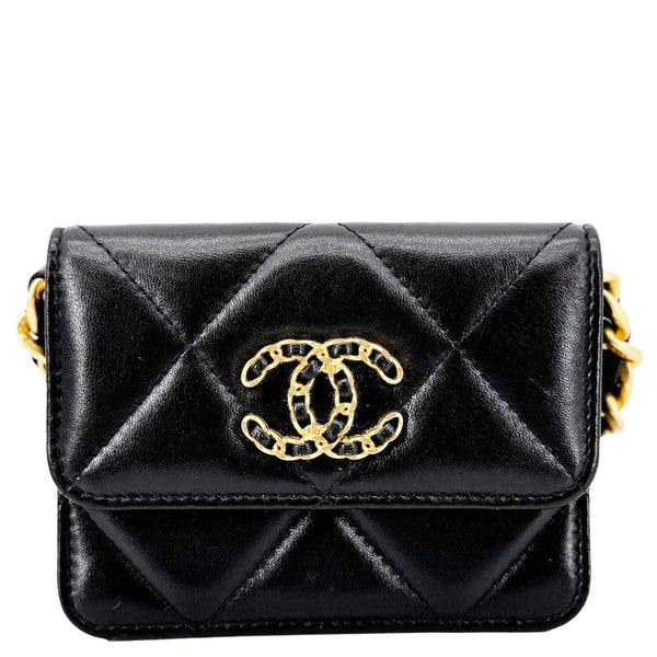CHANEL 19 Flap Coin Purse Quilted Leather Chain Shoulder Bag Black