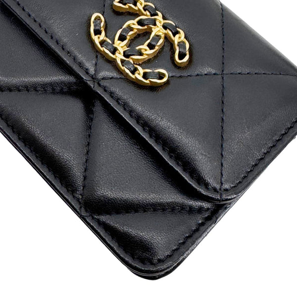 CHANEL 19 Flap Coin Purse Quilted Leather Chain Shoulder Bag Black