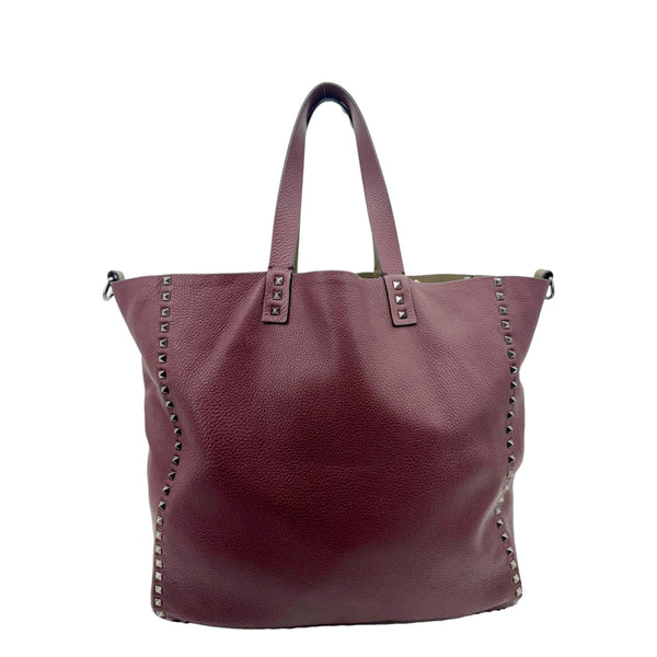 VALENTINO Rockstud Reversible Leather Tote Bag Burgundy