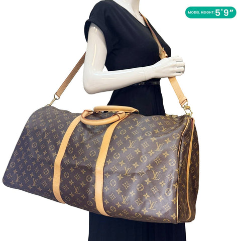 LOUIS VUITTON Keepall 60 Bandouliere Monogram Canvas Travel Bag Brown